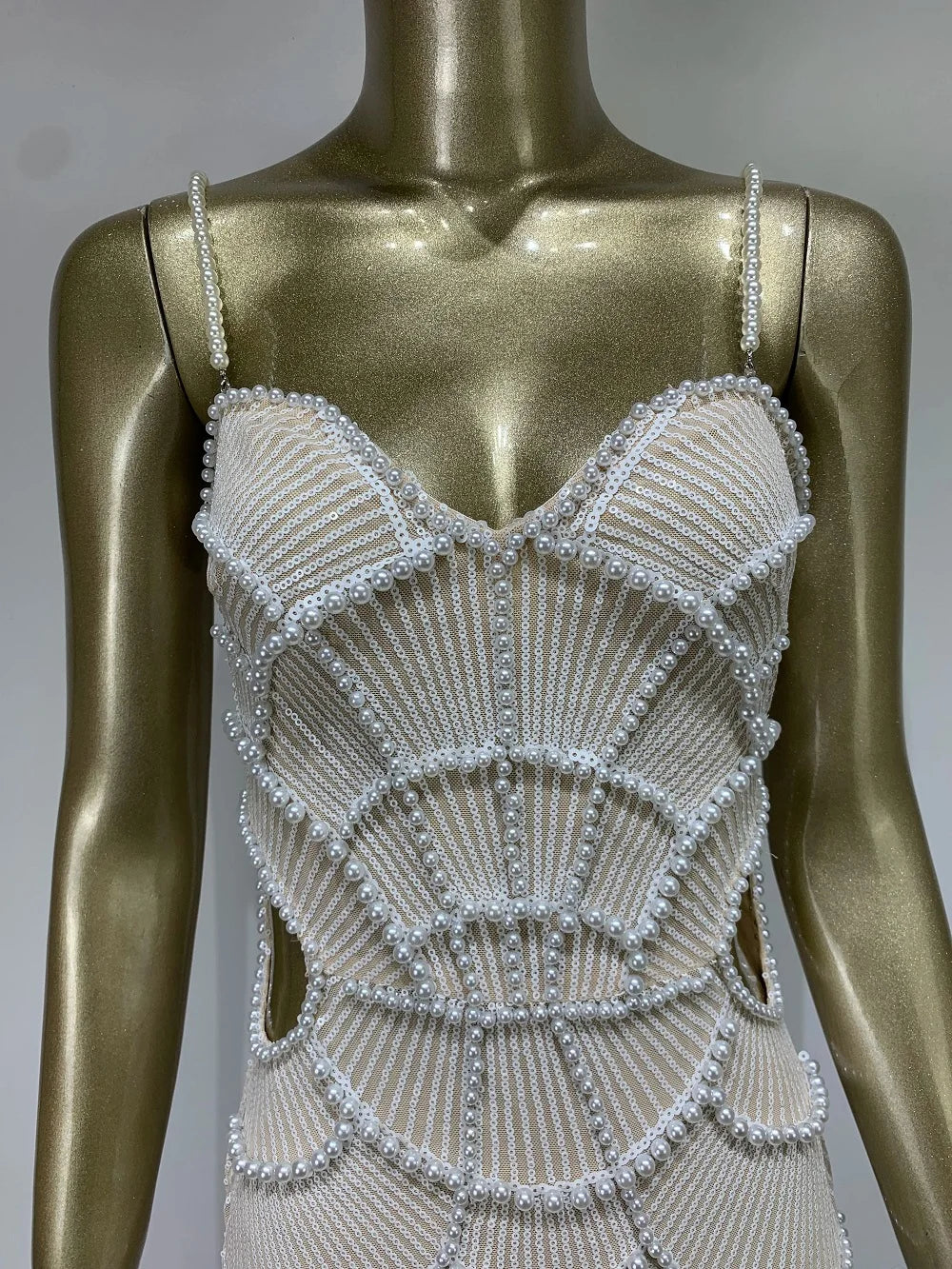V-Neck White Pearl Beading Maxi Dress