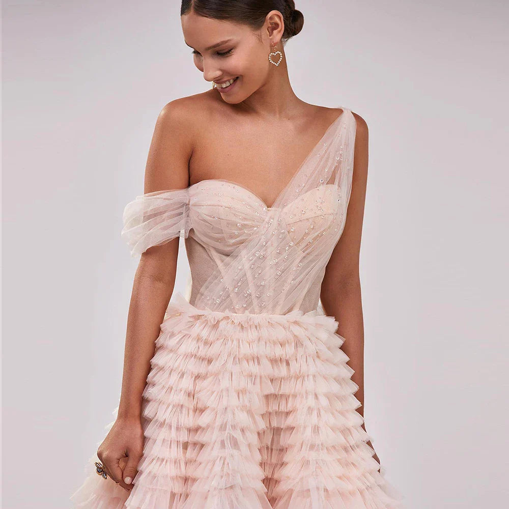 Pink Lilac One Shoulder Ball Gown Party Dress