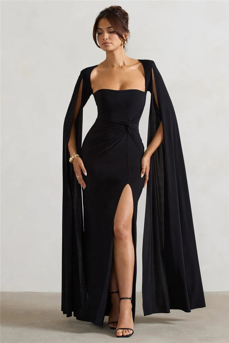 Cape Sleeve High Split Elegant Maxi Dress