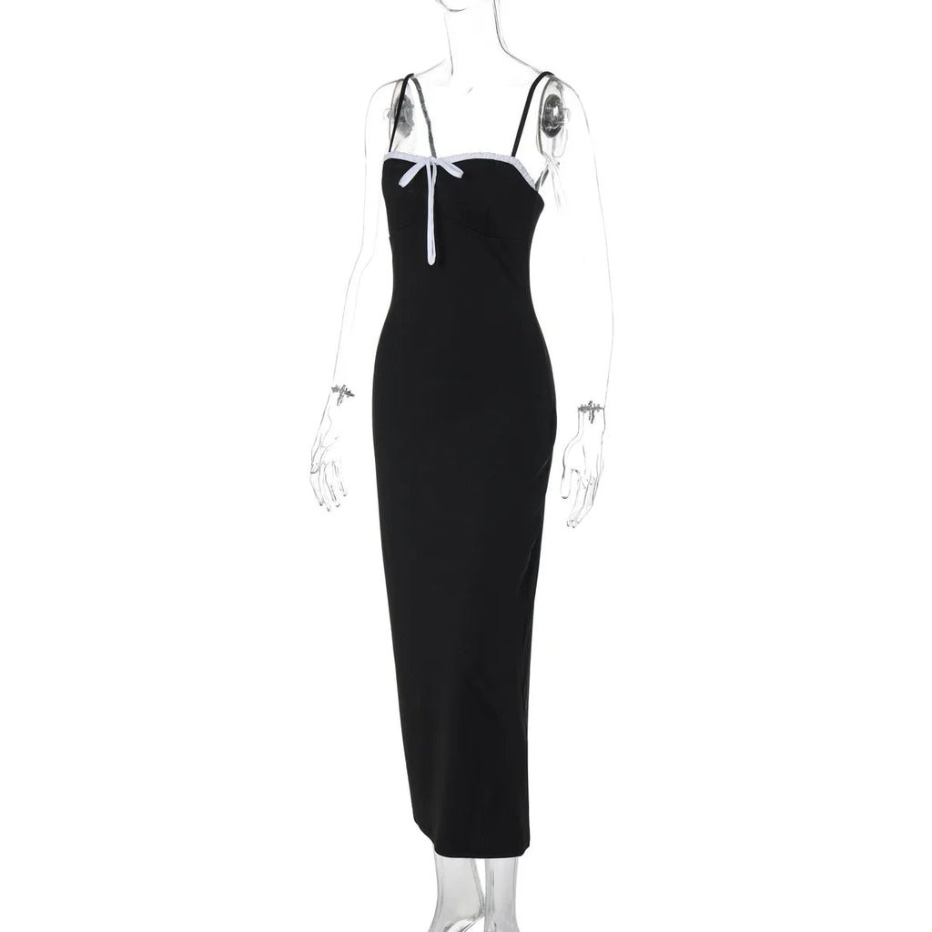Open Back Lace Patchwork Black Strap Maxi Dress
