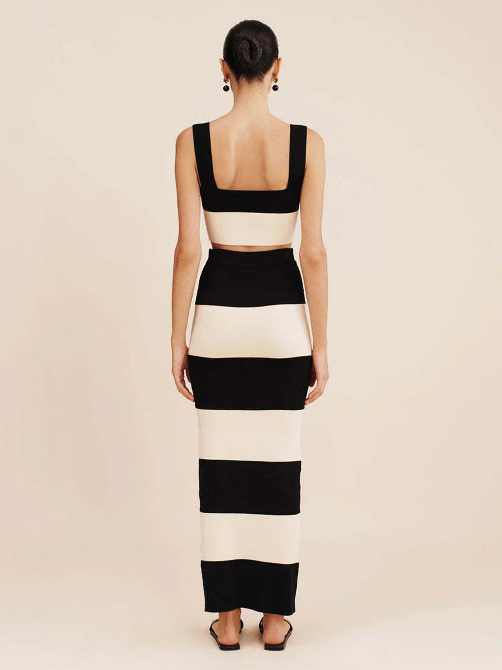 Striped Knit Crop Top Midi Skirt Set Dress