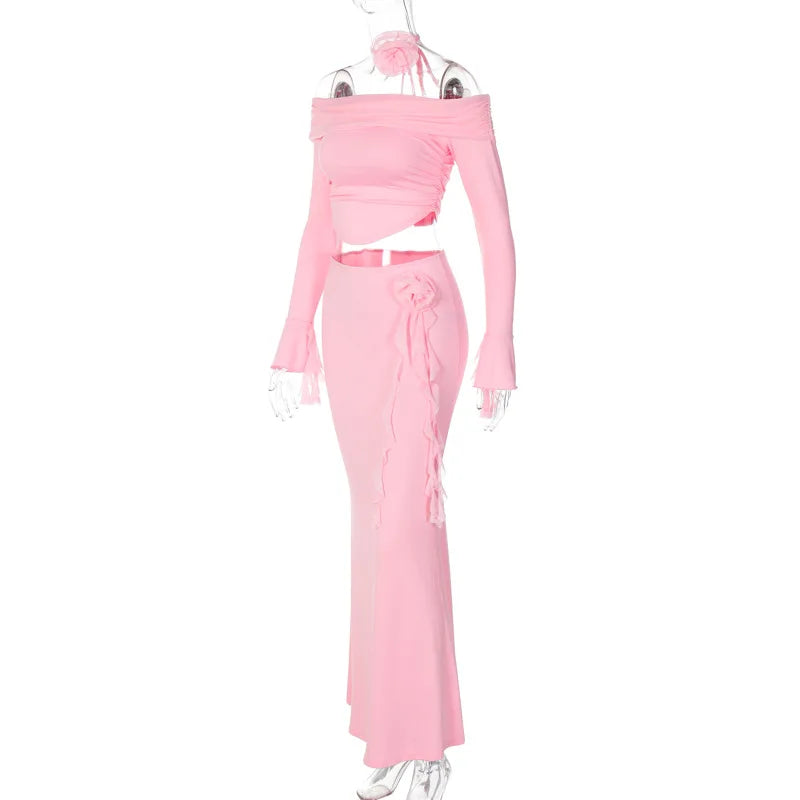 Off Shoulder Crop Top Bodycon Maxi Skirt Set
