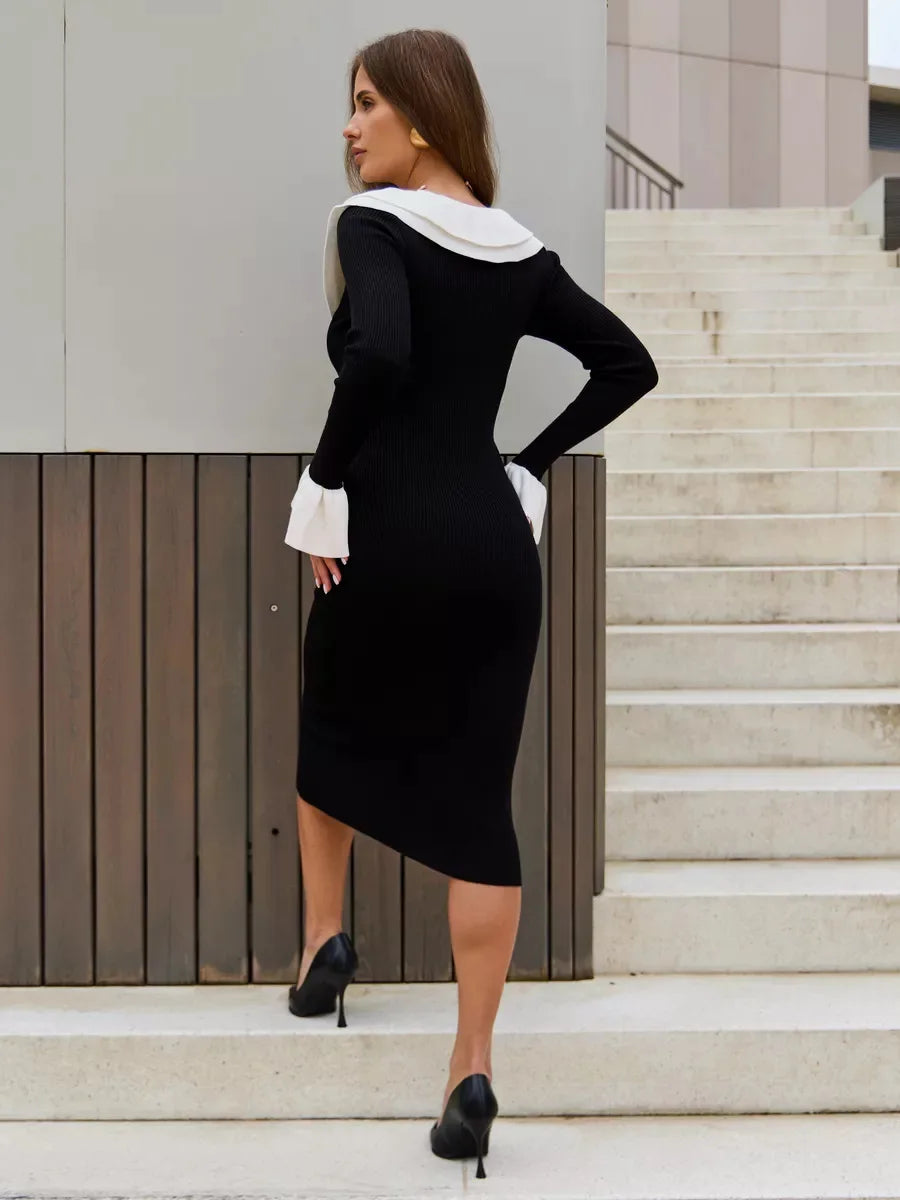 Patchwork Contrast Ribbed Casual Midi Dress