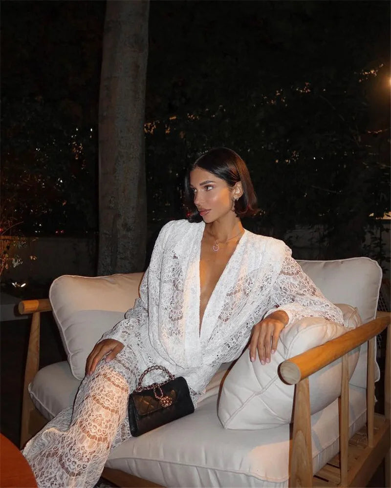 White Lace Two-Piece Loose Pants Party Dress