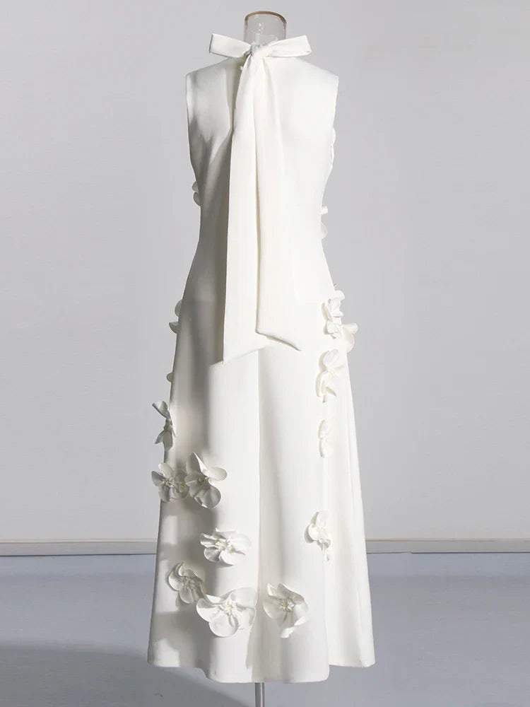3D Flower Applique Mock Neck Midi Dress