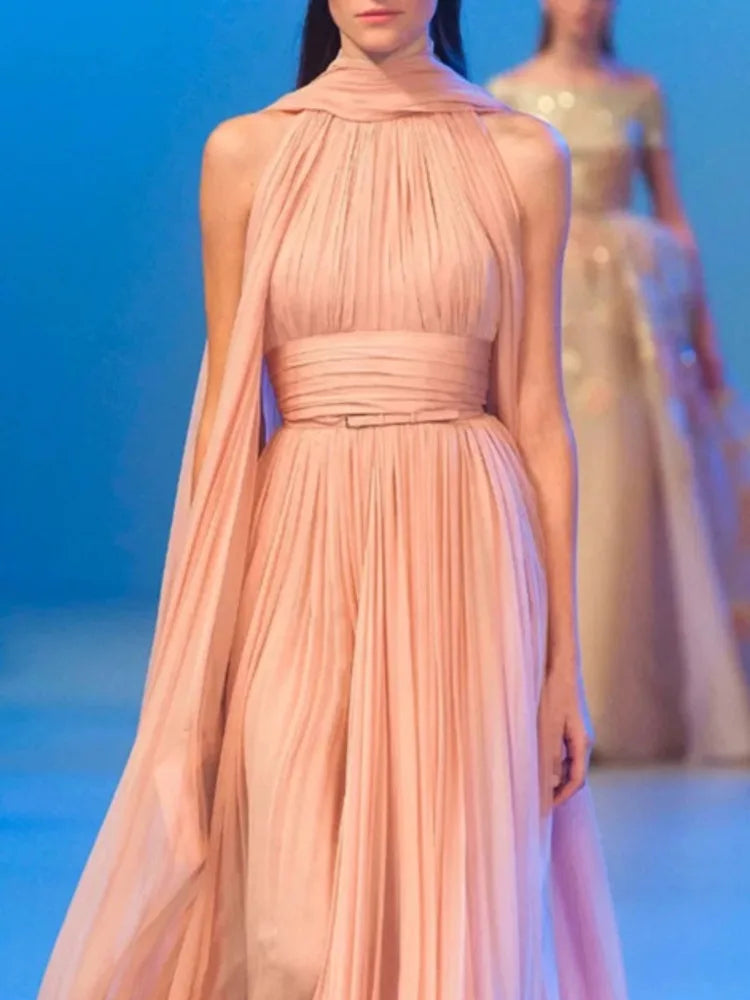 Ribbon Sleeveless Pleated Solid Long Party Dress