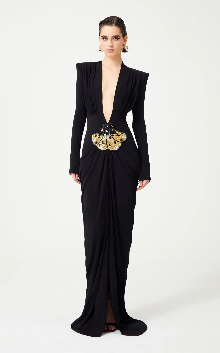 Deep V Neck Long Sleeve Black Party Maxi Dress