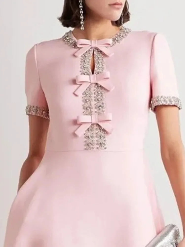 Diamond Bowknot Short Sleeve Midi Dress