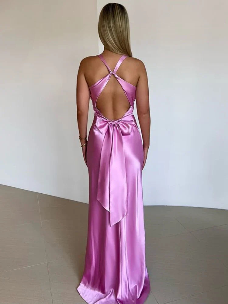 V-Neck Sleeveless Satin Bow Backless Maxi Dress