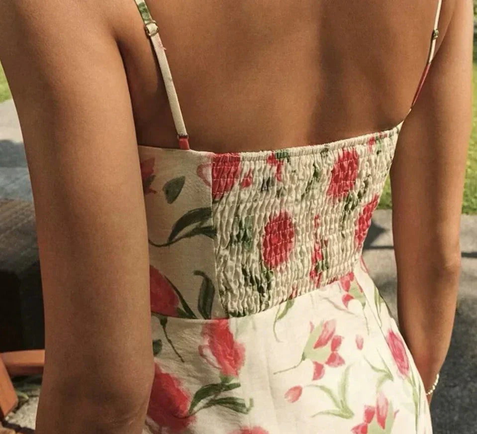 Floral Buttoned Elastic Waist Midi Dress