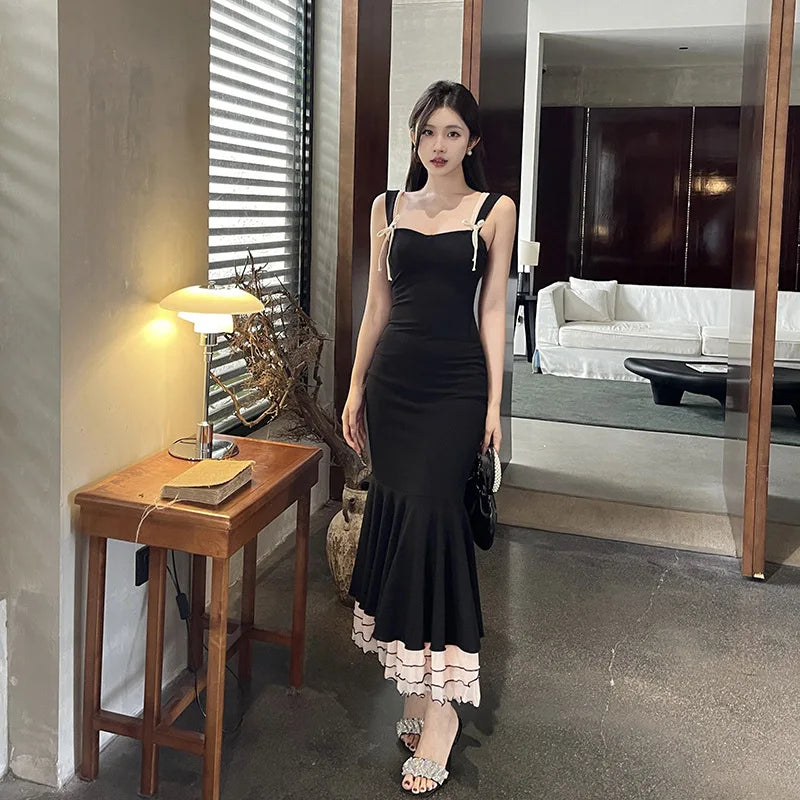 Black Ruffled Fishtail Elegant Midi Dress