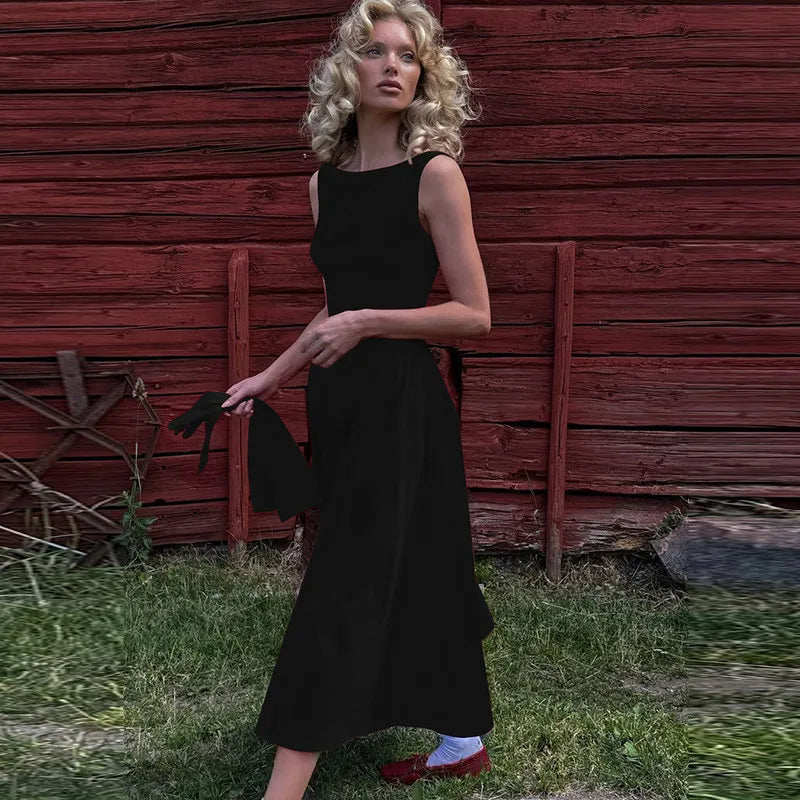 Straight Neck Flared Sleeveless Midi Dress