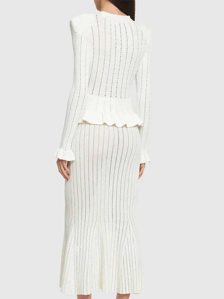 Ruffle Knit Long Sleeve Mermaid Midi Dress