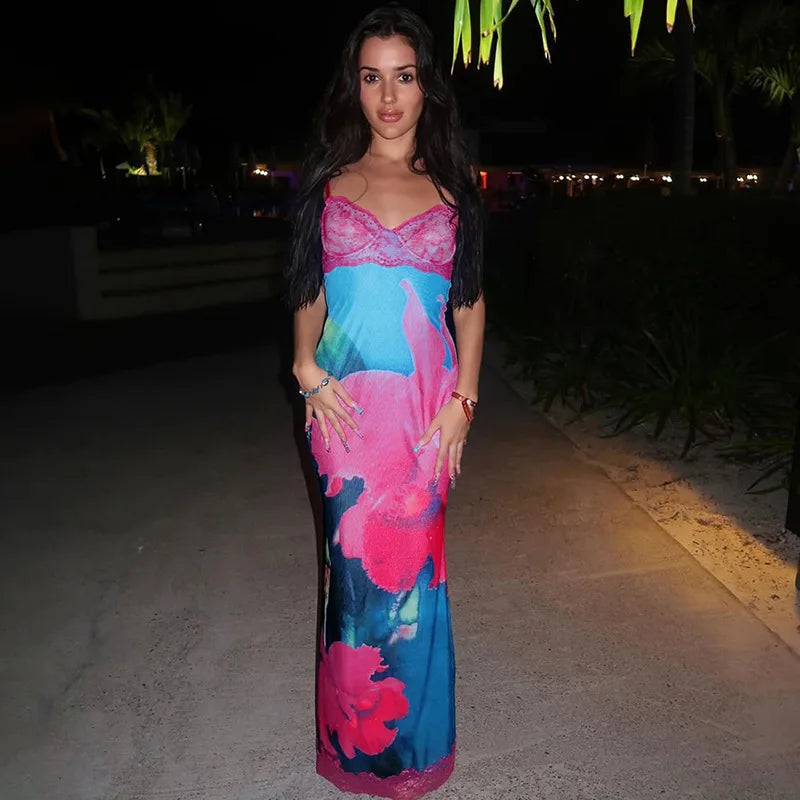 Spaghetti Strap Printed Long Party Dress