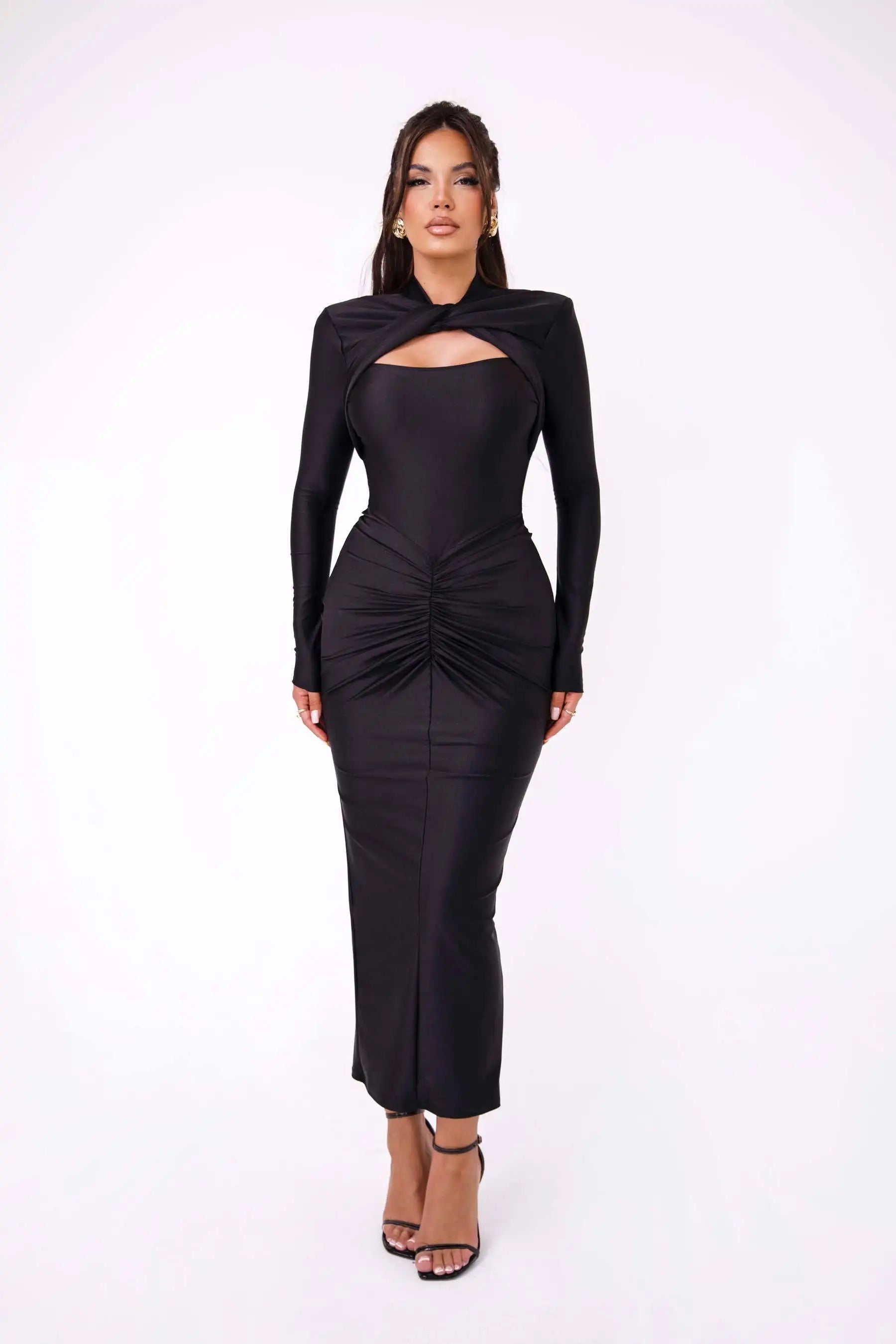 Long Sleeve Pleated Hollow Maxi Dress