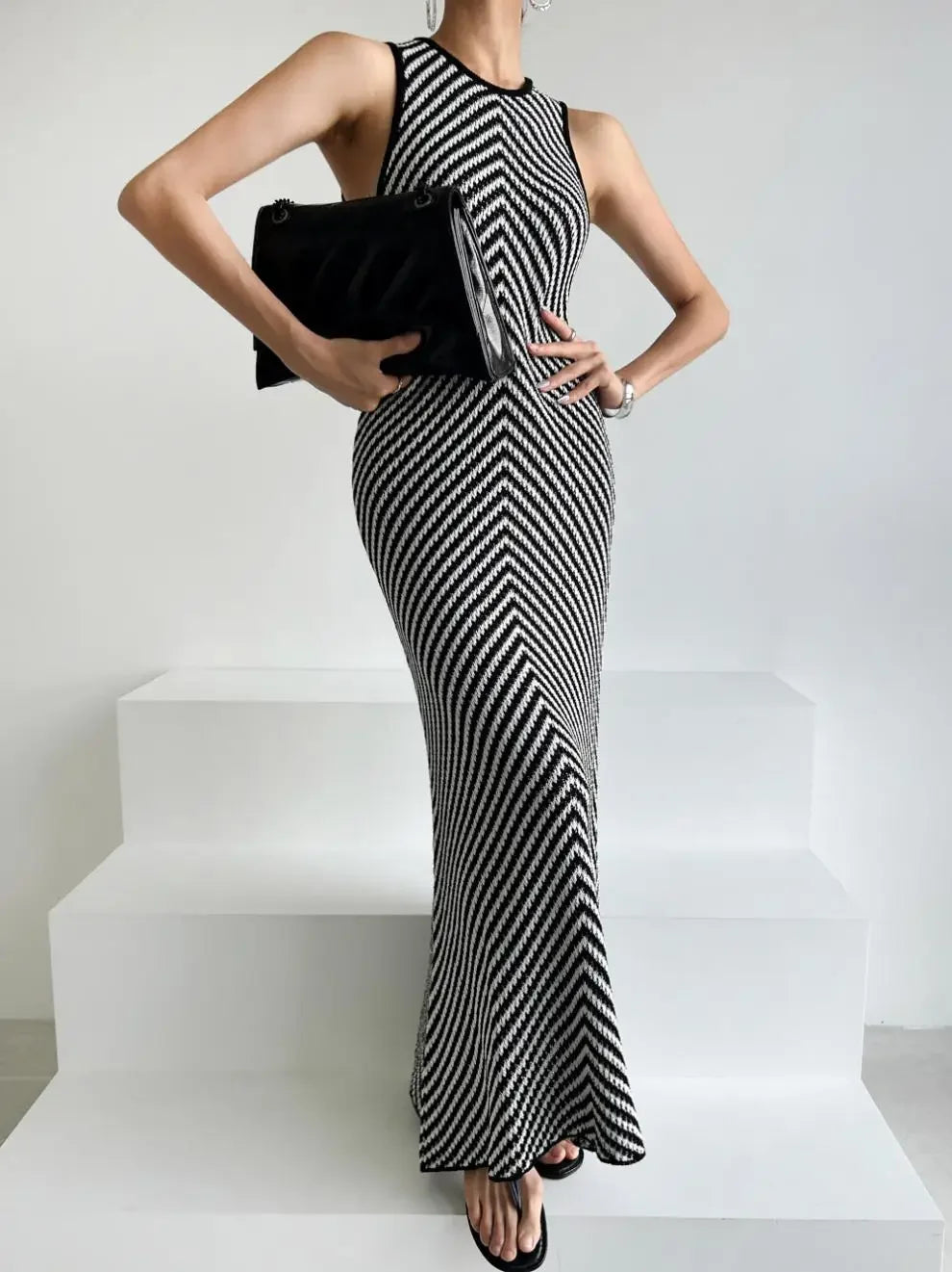Striped Ribbed Casual Midi Dress
