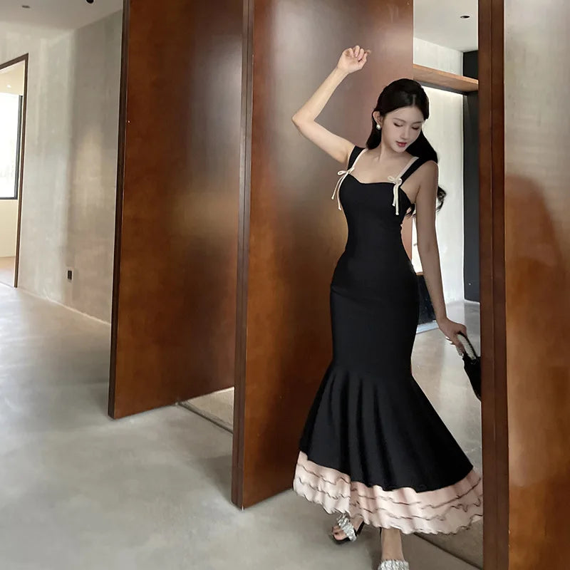 Black Ruffled Fishtail Elegant Midi Dress