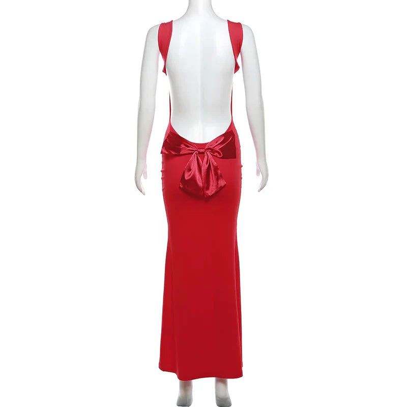 Bow Open Back Cowl Neck Long Party Dress