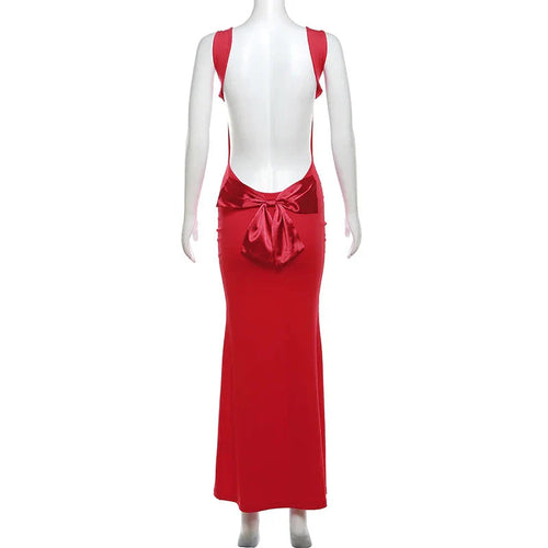 Bow Open Back Cowl Neck Long Party Dress
