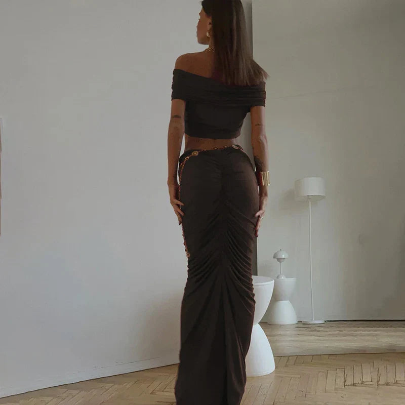 Off Shoulder Crop Top Long Skirt Party Dress