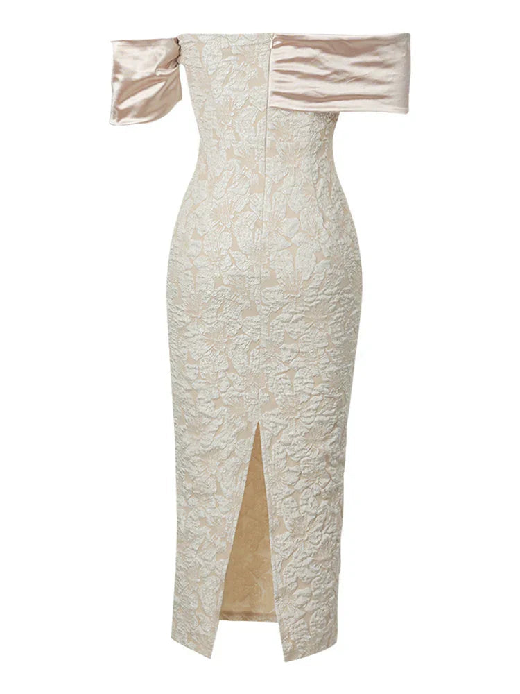 Slash Neck Embossed Flower Beige Party Dress
