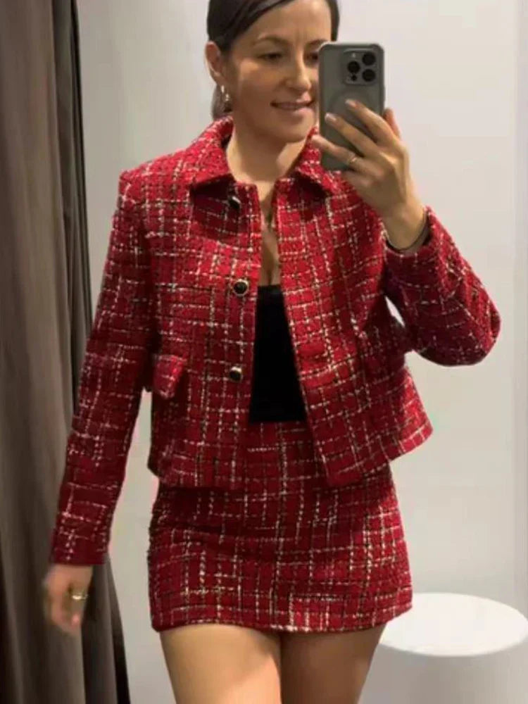 Plaid Lapel Coat Side Zipper Short Party Dress