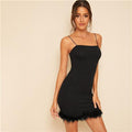 Faux Fur Hem Slip Spaghetti Strap Mini Party Dress