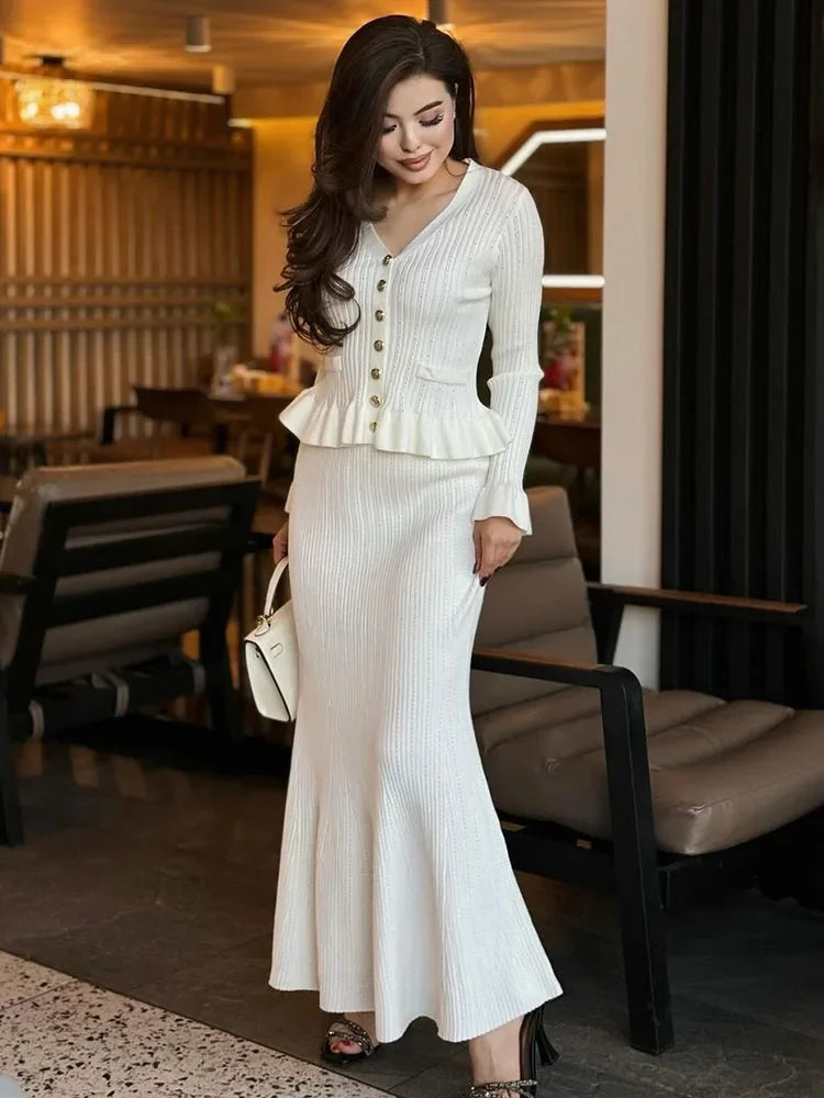 Ruffle Knit Long Sleeve Mermaid Midi Dress