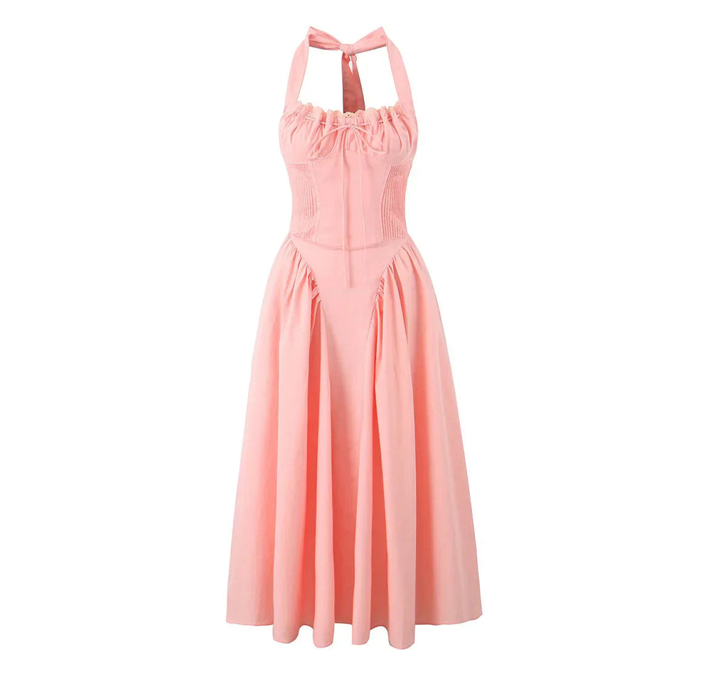 Corset Bow Halter Lace Spliced Midi Dress