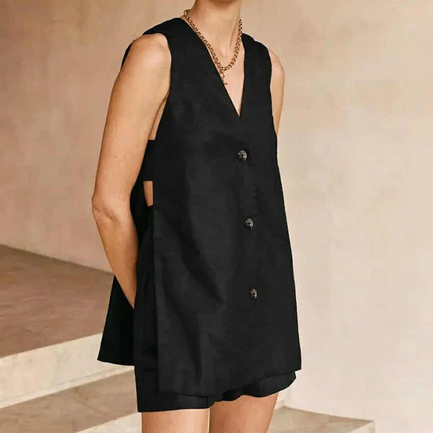 Cotton V Neck Buttoned Vest Shorts Party Dress