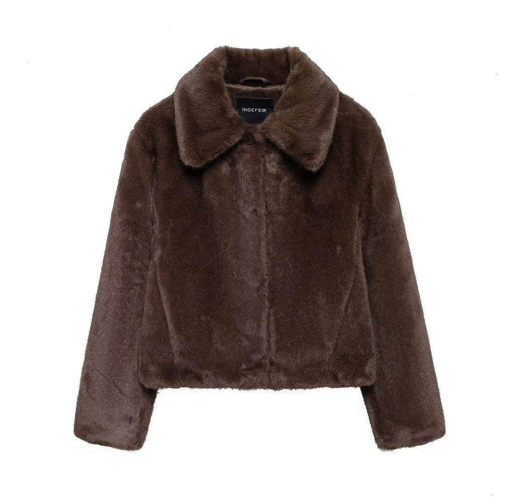 Lapel Side Pocket Faux Fur Jacket Party Dress