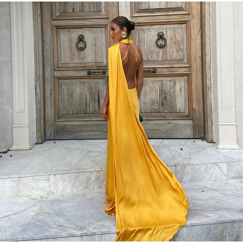 Yellow Satin Backless Lace-Up Off Shoulder Maxi Dress