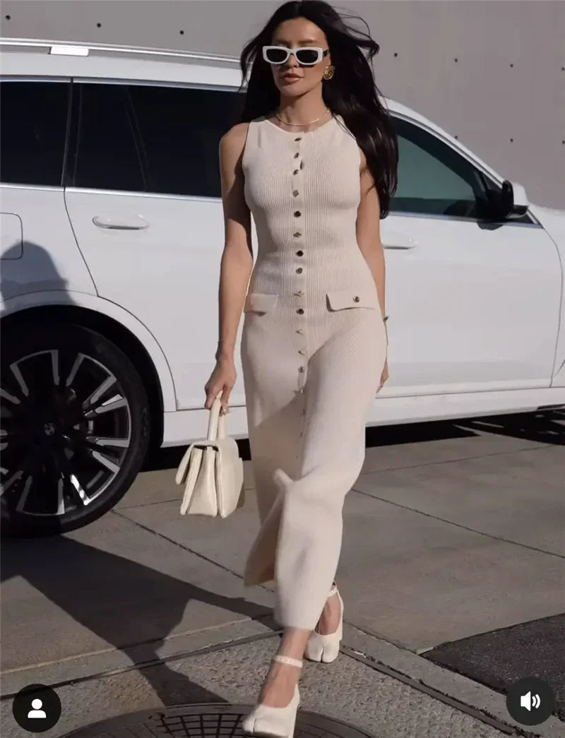 Knit Maxi Dress with Pockets Button Front