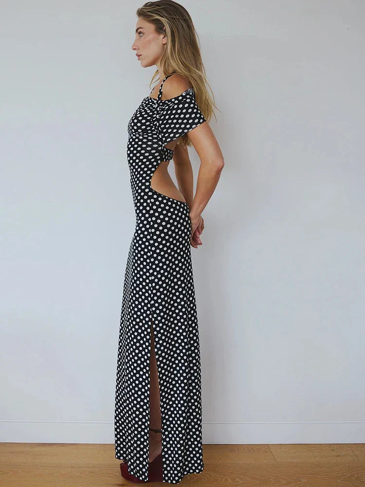 Black Polka Dot Off-Shoulder Maxi Dress