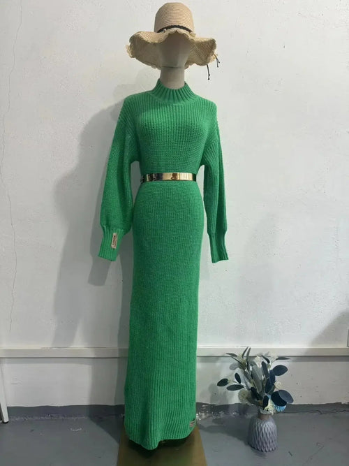 Turtleneck Pullover Belted Solid Party Dress