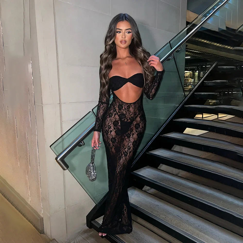 Lace Hollow Out Bodycon Perspective Maxi Dress