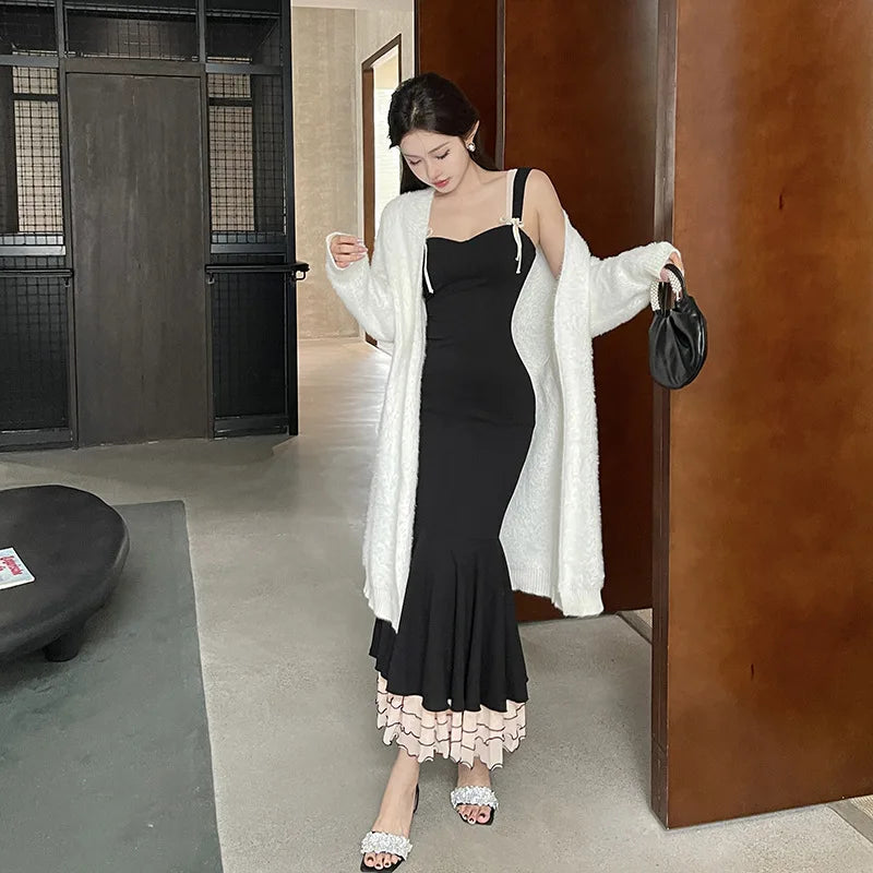 Black Ruffle Trim Fishtail Party Dress