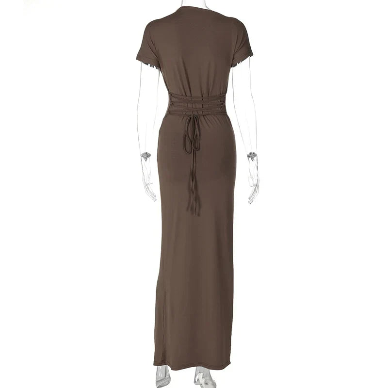 Short Sleeve Curvy Tie-Up Flattering Maxi Dress