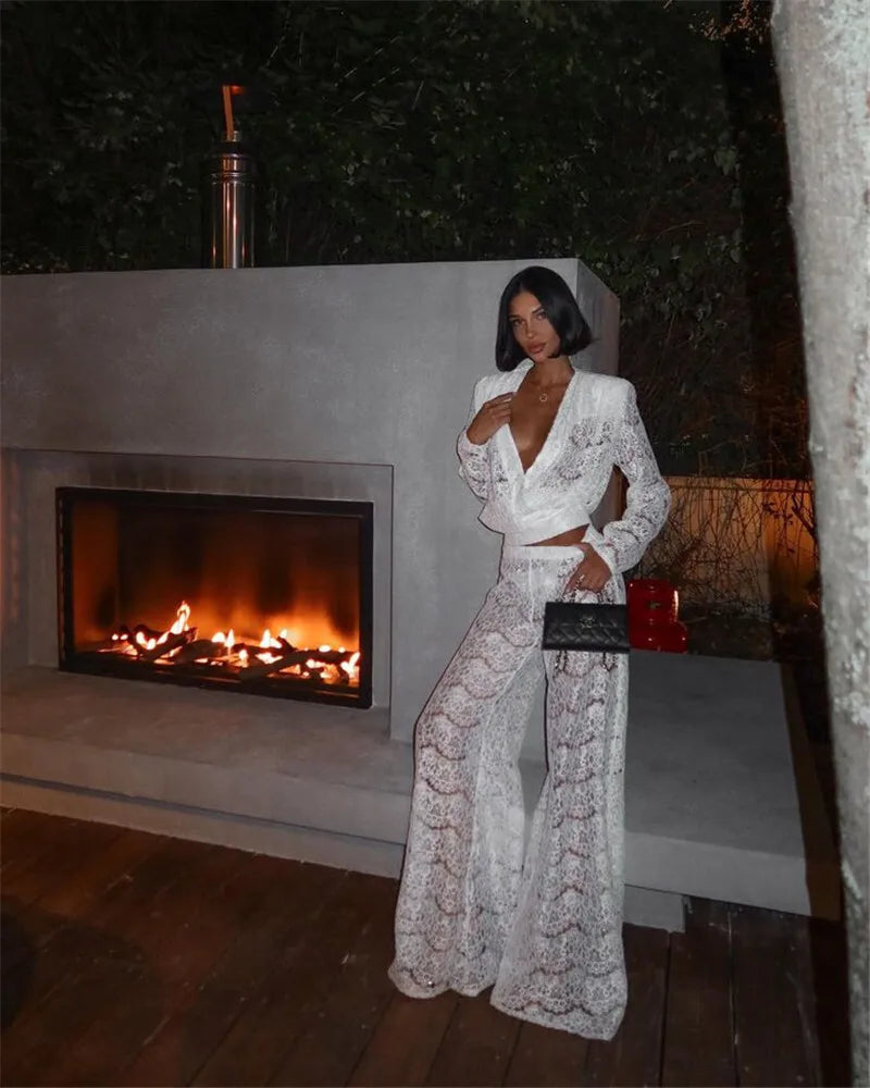 White Lace Two-Piece Loose Pants Party Dress