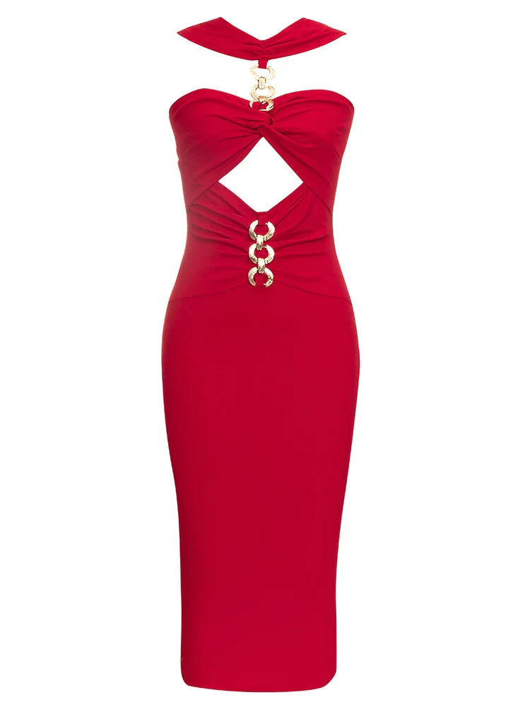 Red Strapless Metal Detail Midi Dress