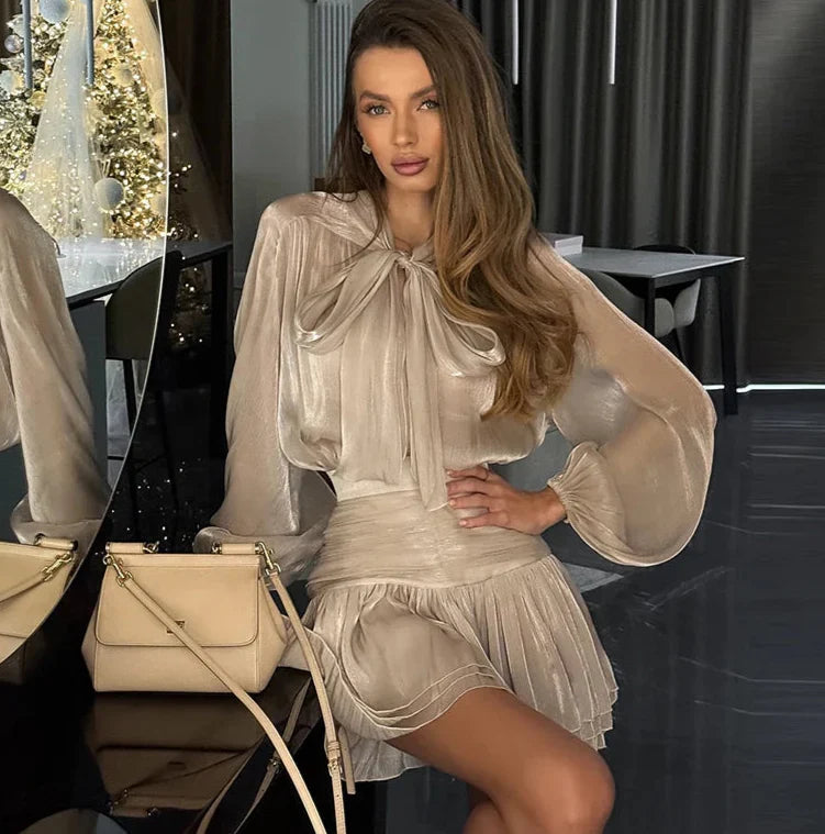 Lantern Sleeve Blouse Pleated Skirt Suit Mini Dress
