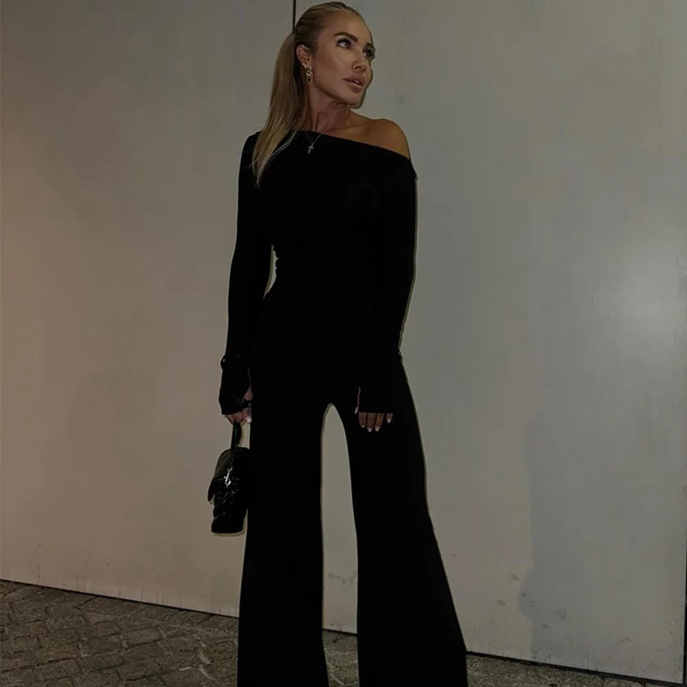 One Shoulder Flare Sleeve Top Pant Suit Party Dress