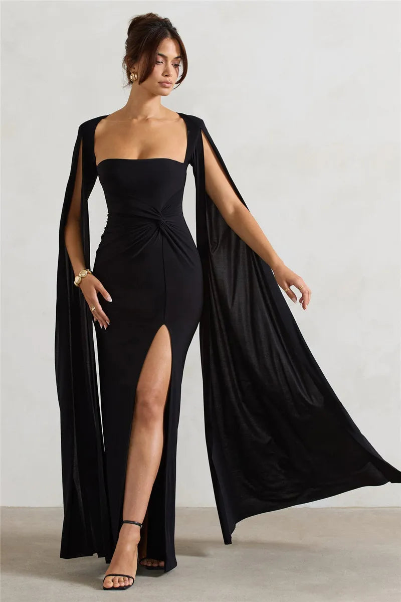 Cape Sleeve High Split Elegant Maxi Dress