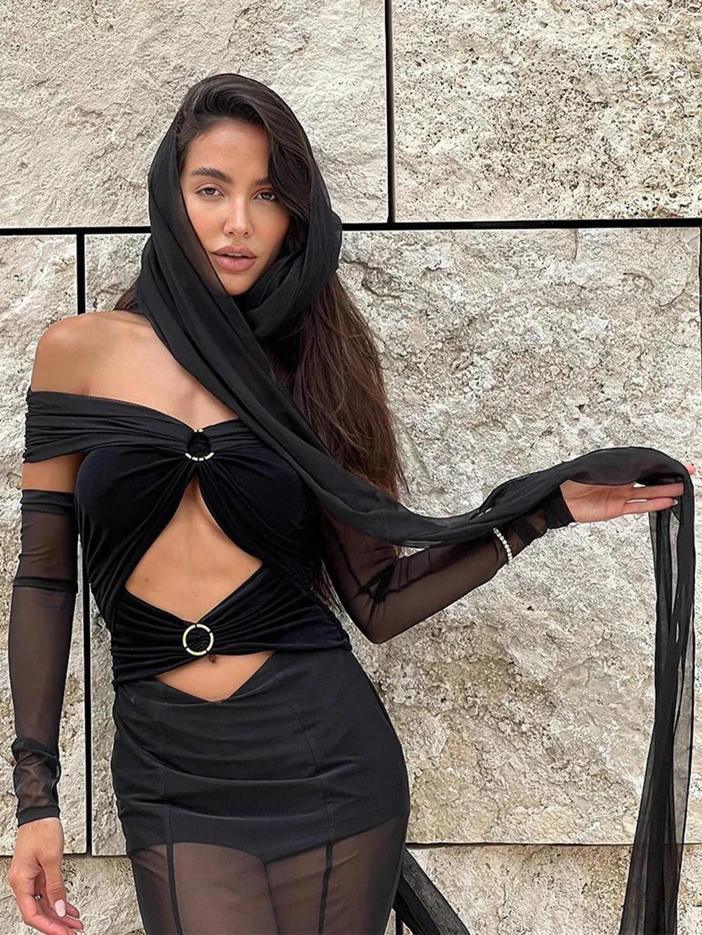 Off-Shoulder Mesh Folded Scarf Maxi Dress