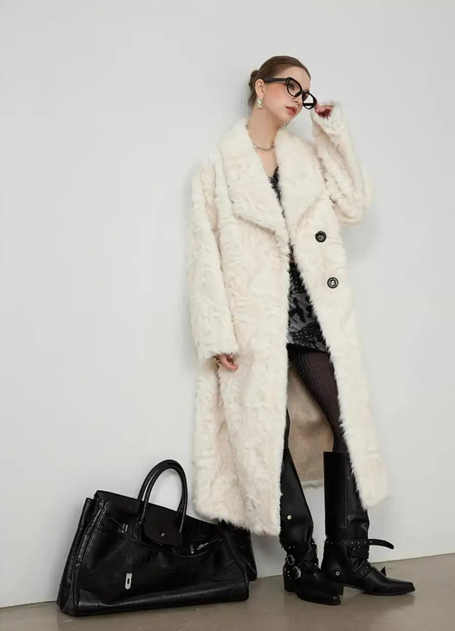 Large Lapel Shaggy Faux Fur Long Party Dress