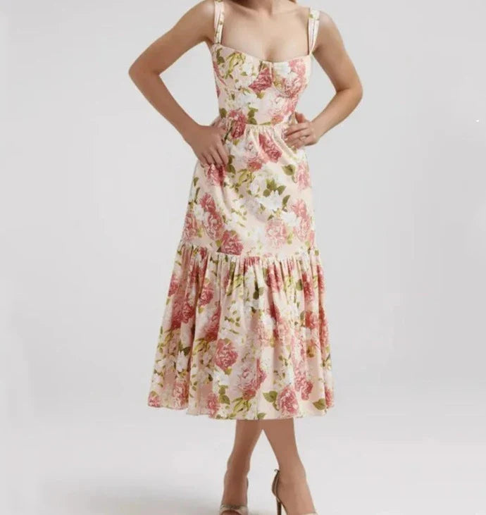 Floral Corset Ruffled Bra Top Midi Dress