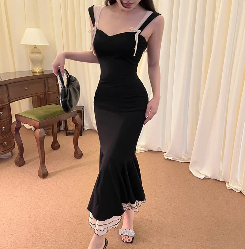 Black Ruffled Fishtail Elegant Midi Dress