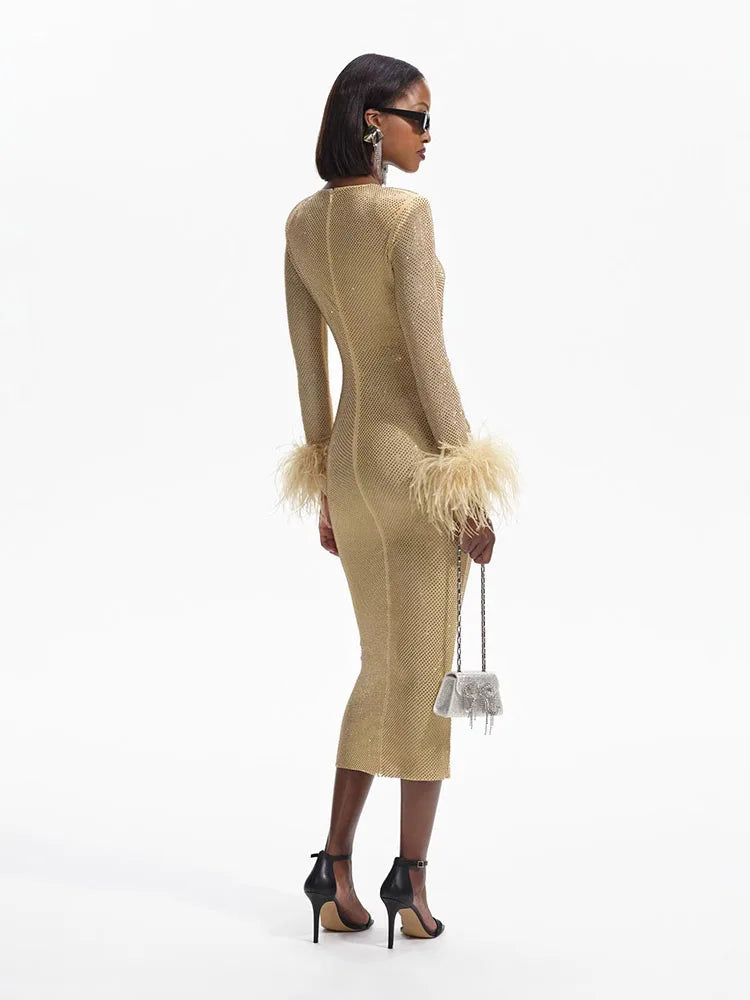 Feather Rhinestone Folded Midi Dress