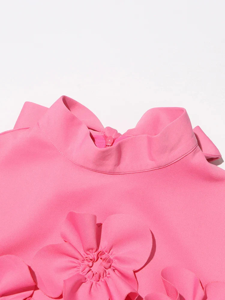 3D Flower Applique Mock Neck Midi Dress