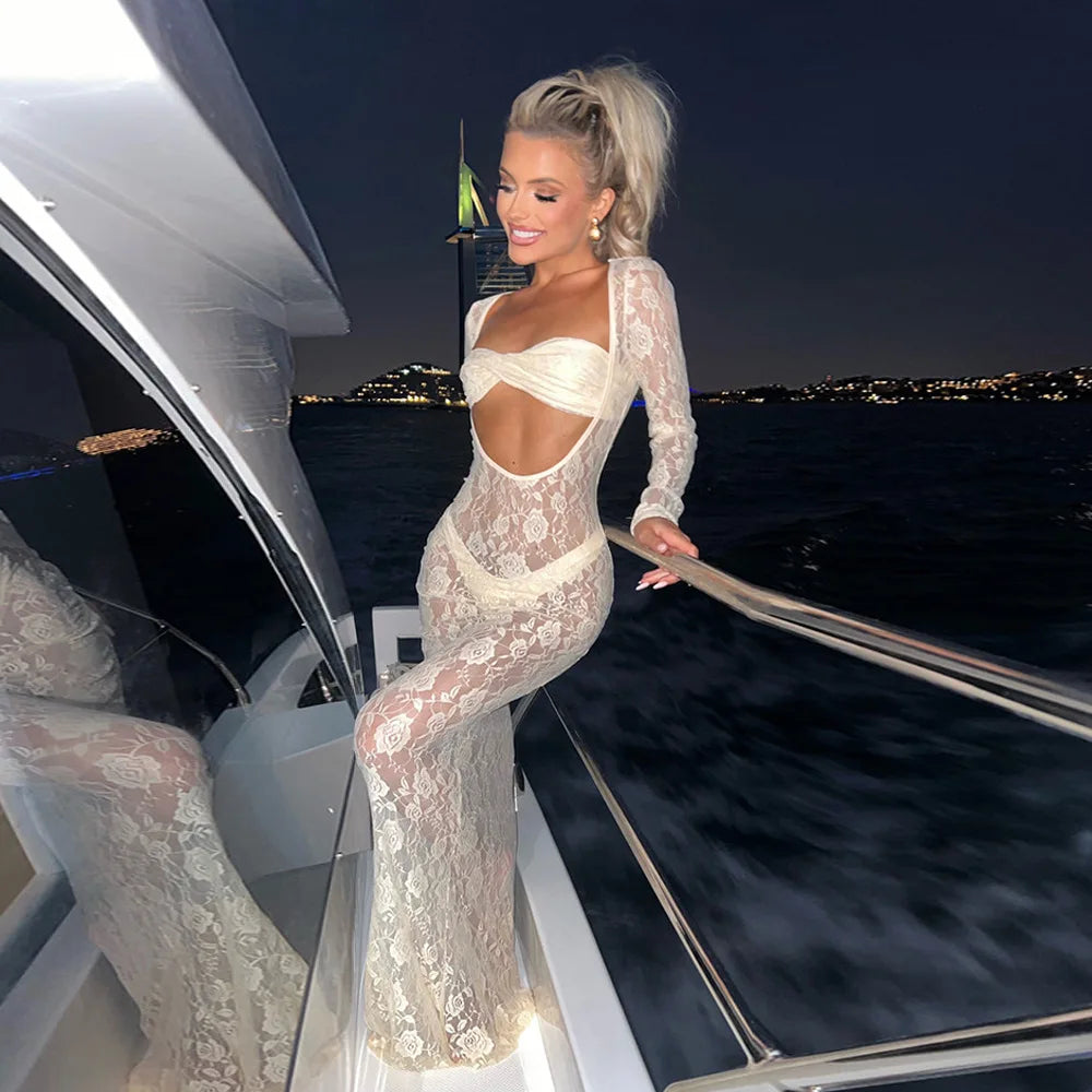 Lace Hollow Out Bodycon Perspective Maxi Dress